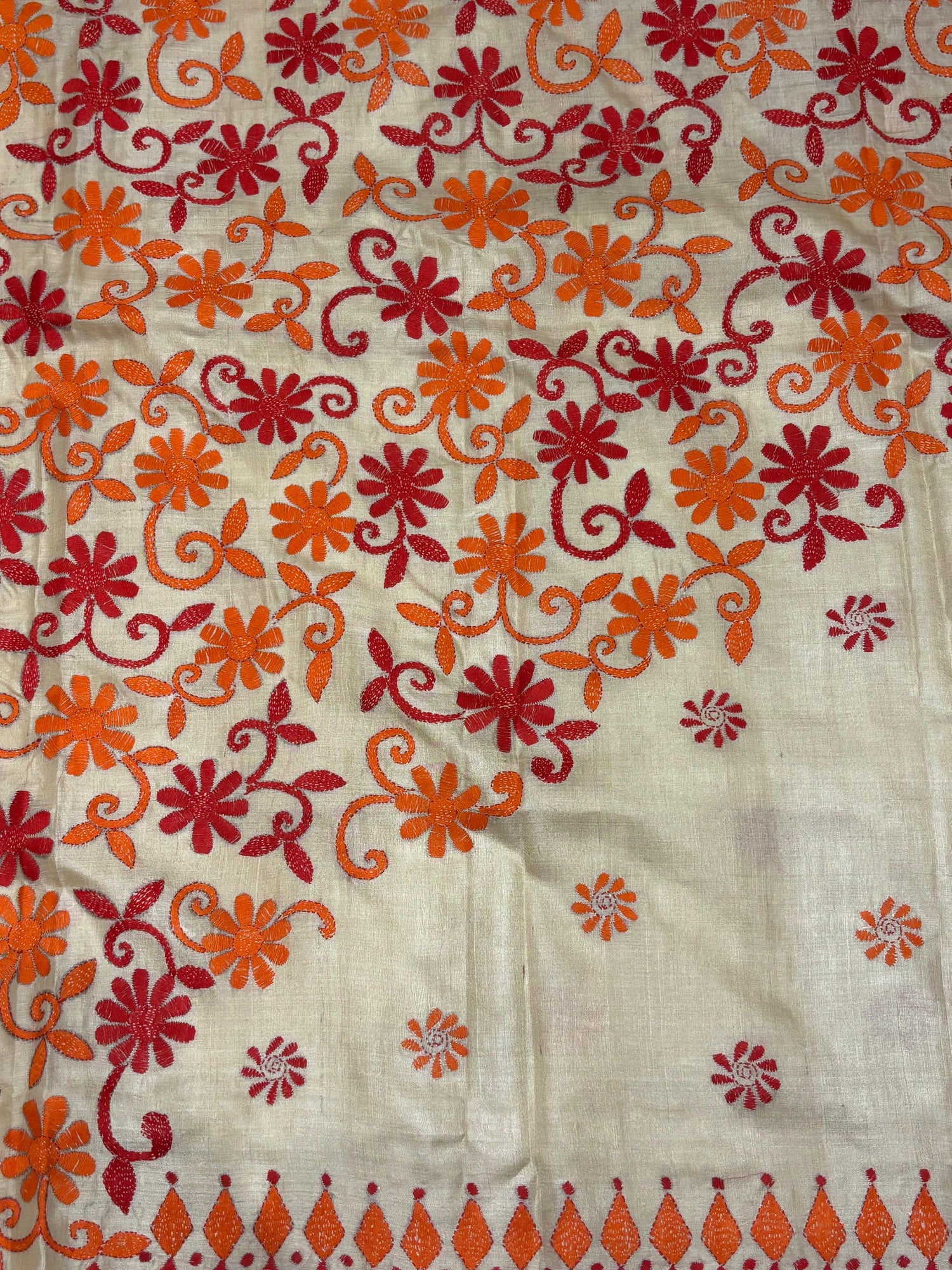 Orange &amp; Red Floral Tussar Saree