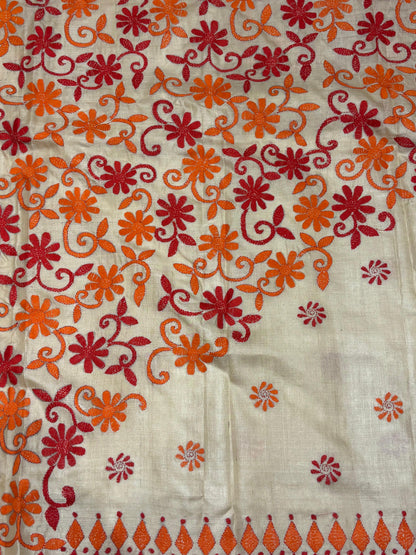 Orange &amp; Red Floral Tussar Saree