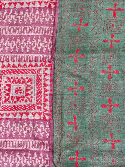 Pink &amp; Light Green Dyed Geometric Design  Tussar Saree
