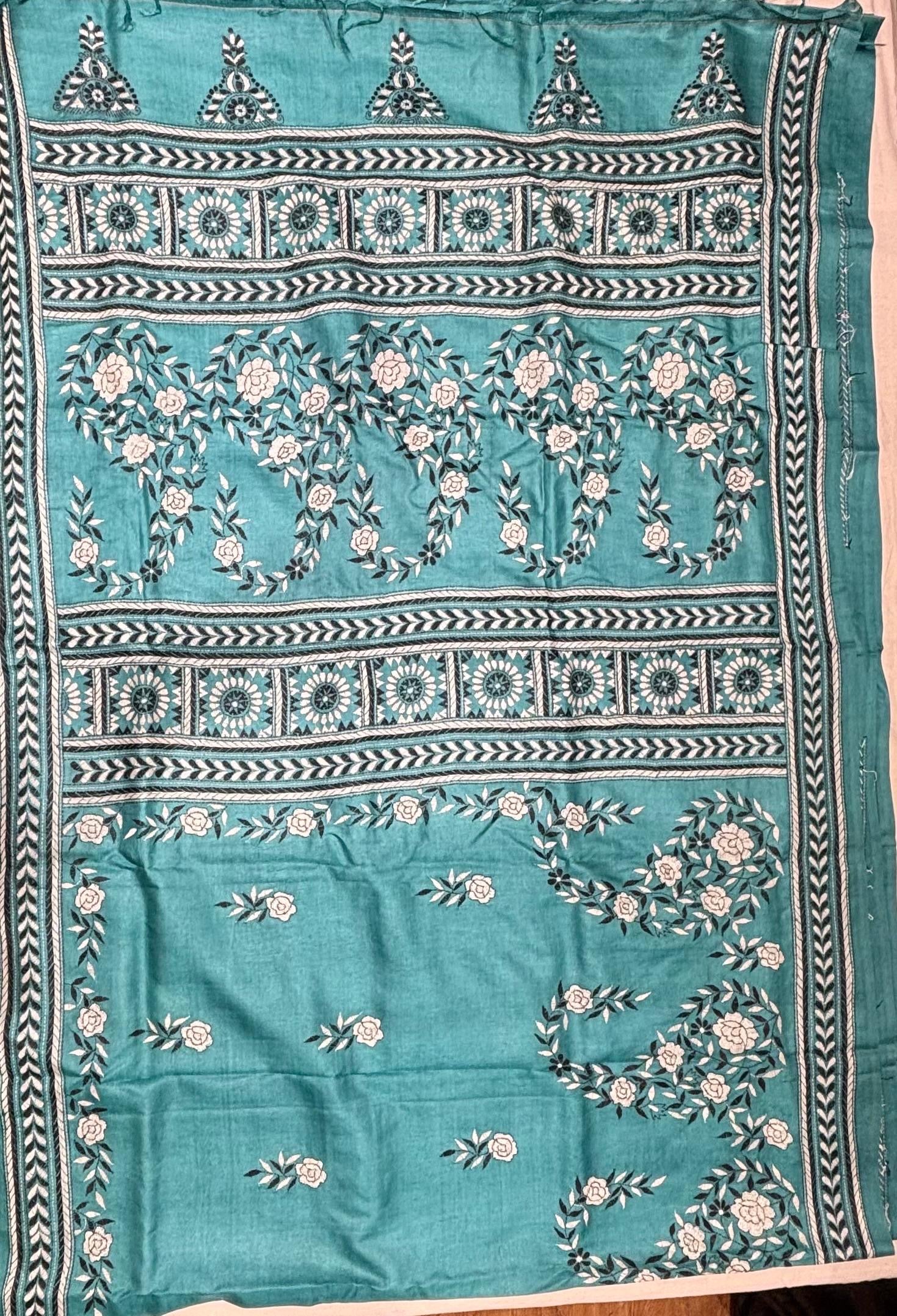 Blue &amp; Black Floral Tussar Saree