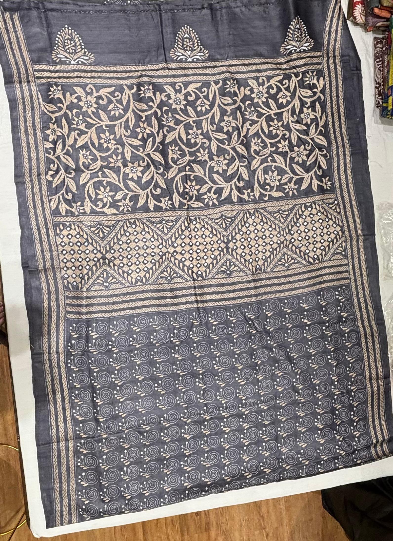 Black Dyed Geometric Design Tussar Saree
