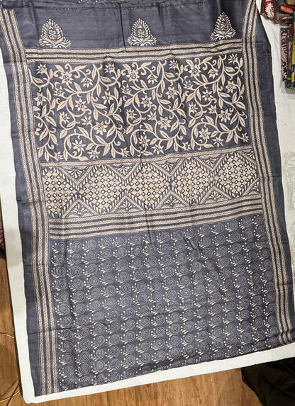 Black Dyed Geometric Design Tussar Saree