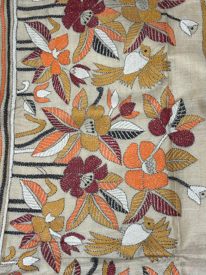 Floral with bird morifs Tussar Saree