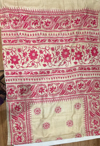 Dark Pink Floral Tussar Saree