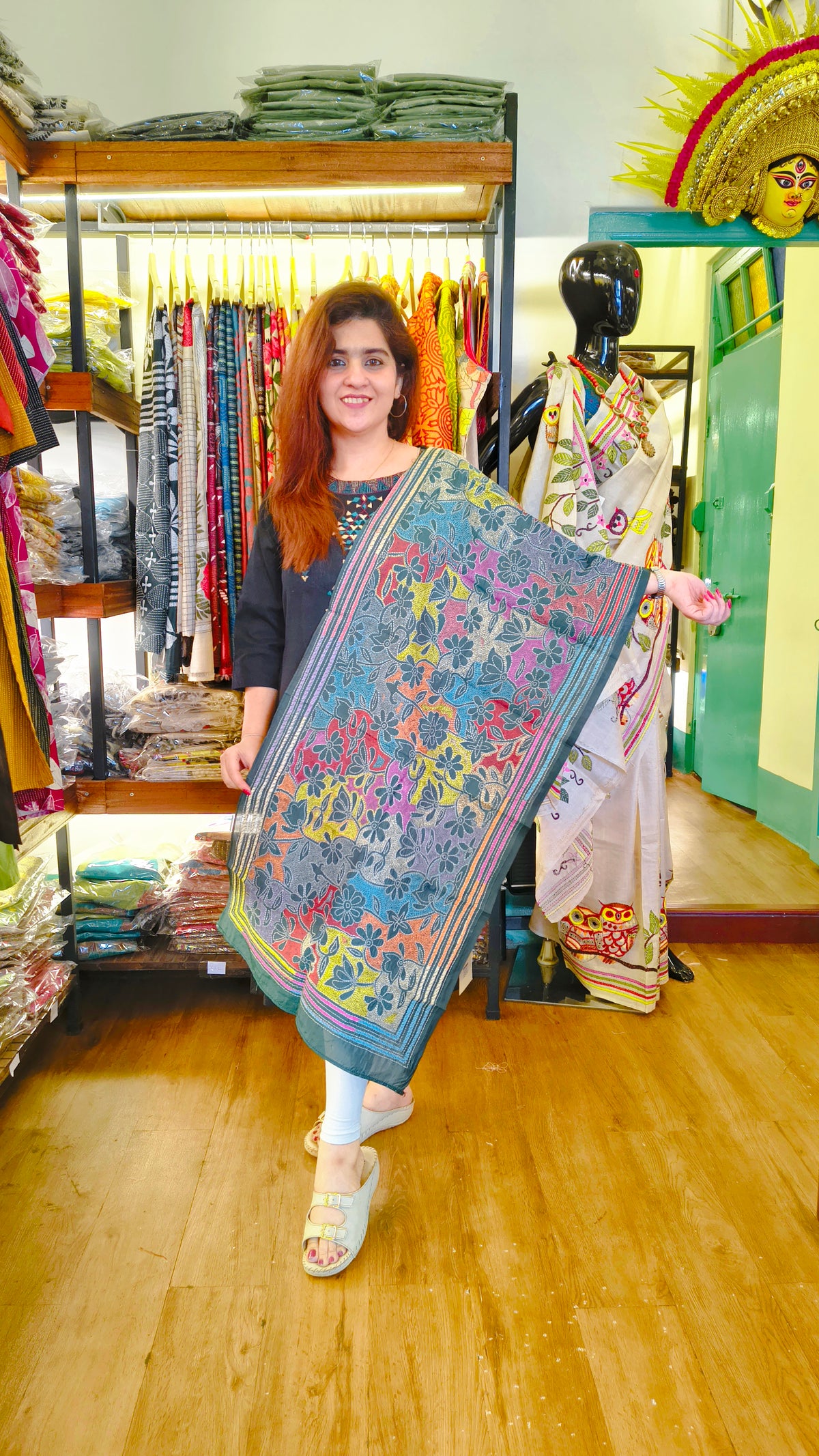 Bottle Green Multicolour Kantha Stole