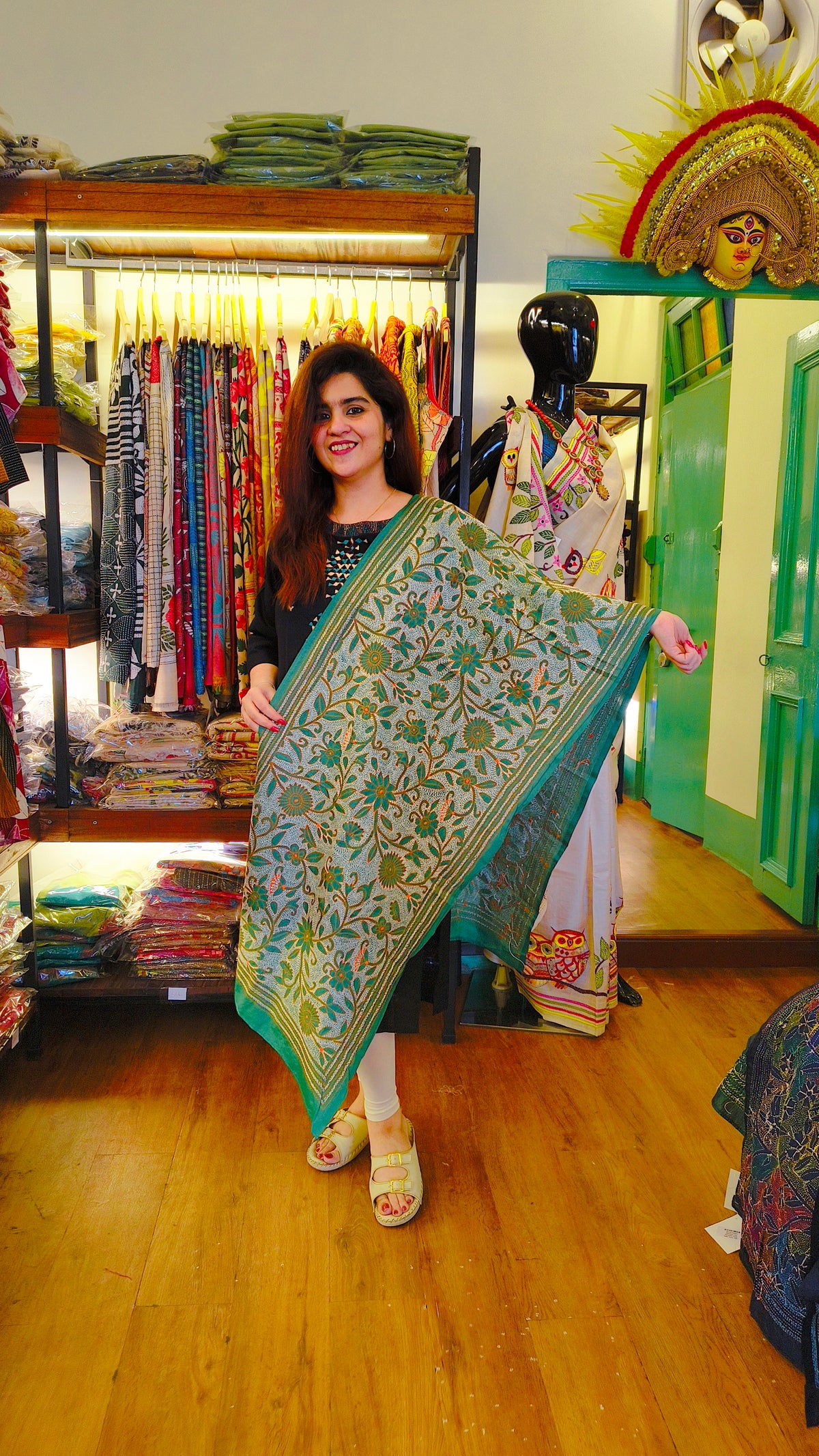 Teal Green Kantha Stole