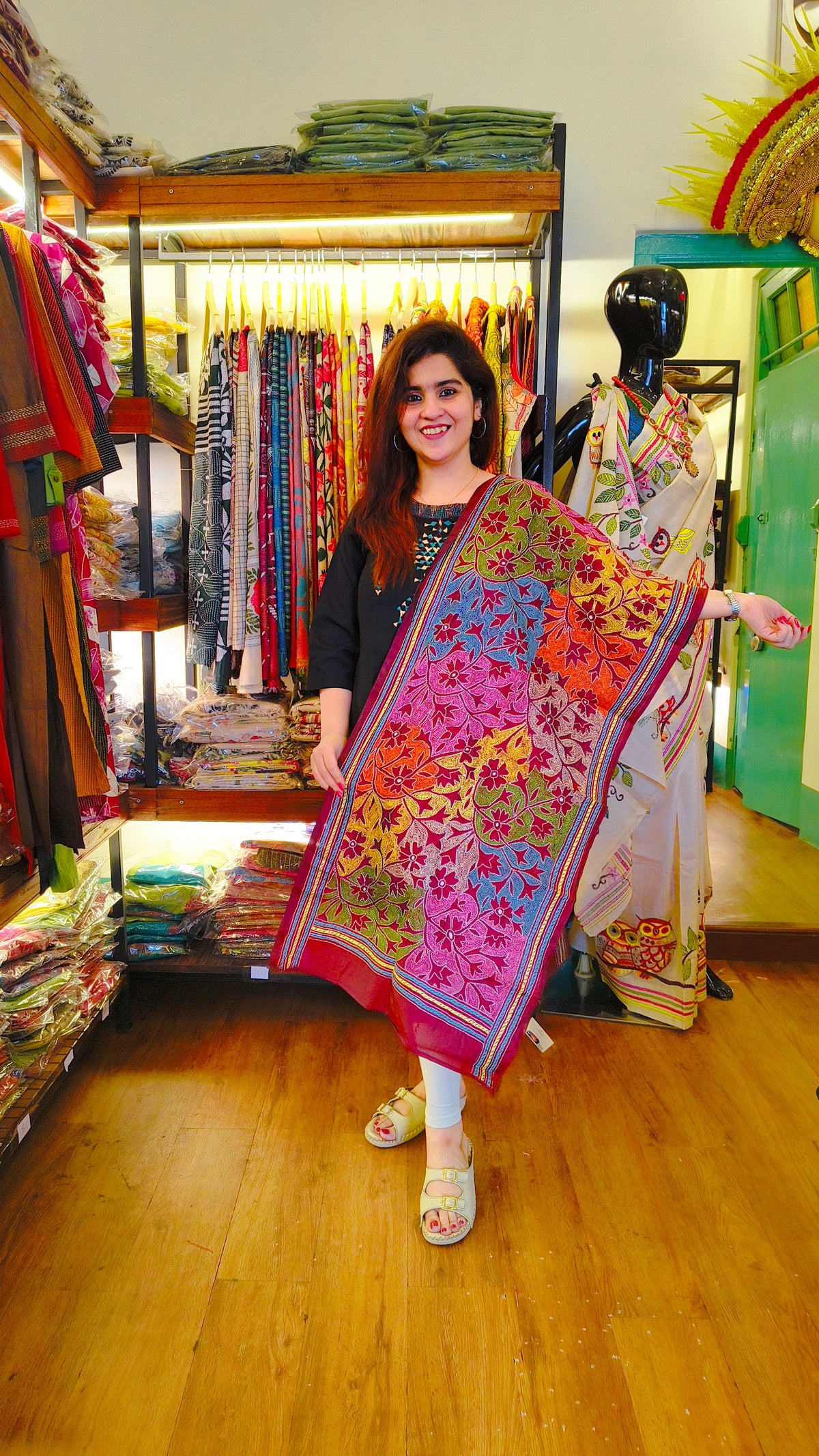 Maroon Multicolour Kantha Stole