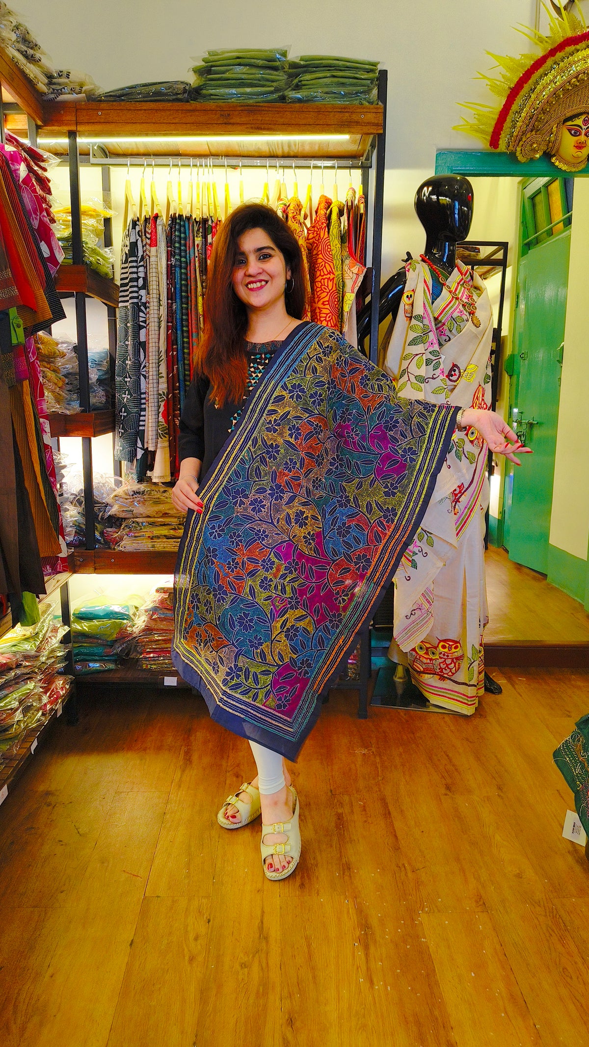 Navy Blue Multicolour Kantha Stole